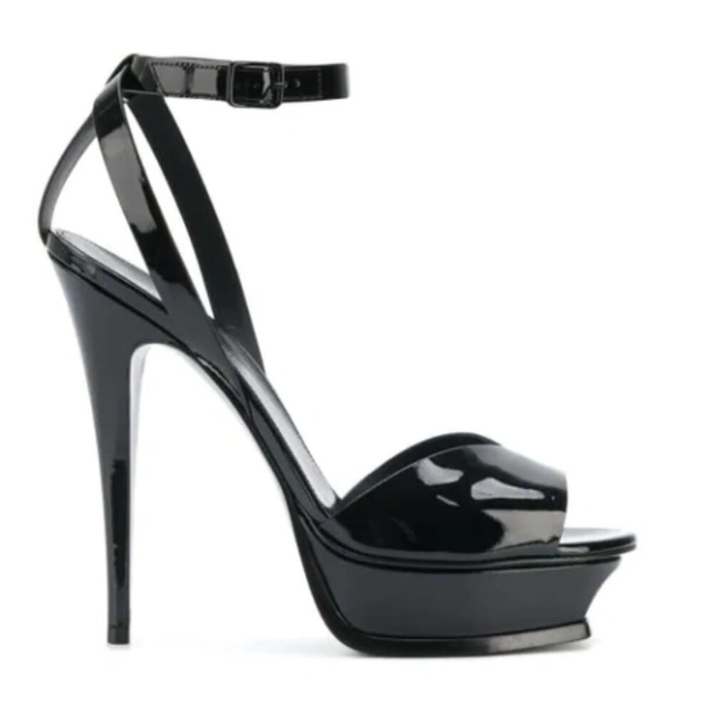 SAINT LAURENT Tribute Lips 105 Patent-leather Platform Sandals In Black